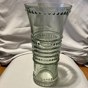 Vintage , clear green glass 10” wide vase with bubble design n detailed perfect